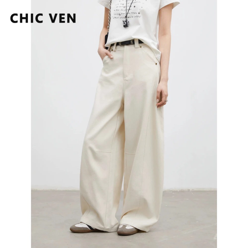 

CHIC VEN Fashion Women Pants Solid Loose Casual High Waisted Ladies Wide Leg Trousers Cotton Spring Summer 2026