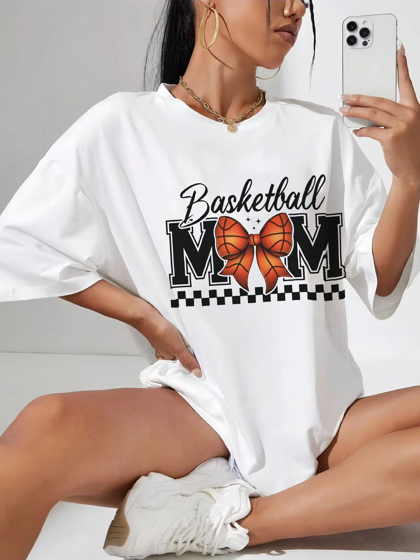 

BasketballMama-Bow-Checkered Oversized festival white tee for expecting moms relaxed fit round neck breathable cotton