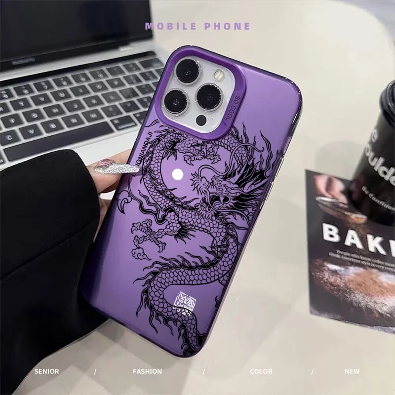 Carcasa con patrón de dragón Retro para IPhone 11 12 13 14 15 16 Pro Max Plus Mini XR X XS Max 7 8 Plus 16E, funda dura IMD con láser