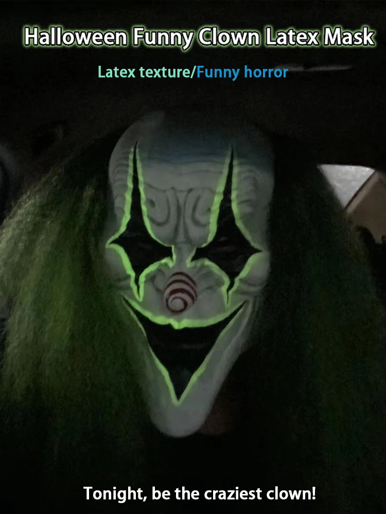 Maschera raccapricciante da clown spaventoso di Halloween con capelli verdi e naso rosso - Maschera jack con copricapo in lattice per feste horror ed eventi in costume
