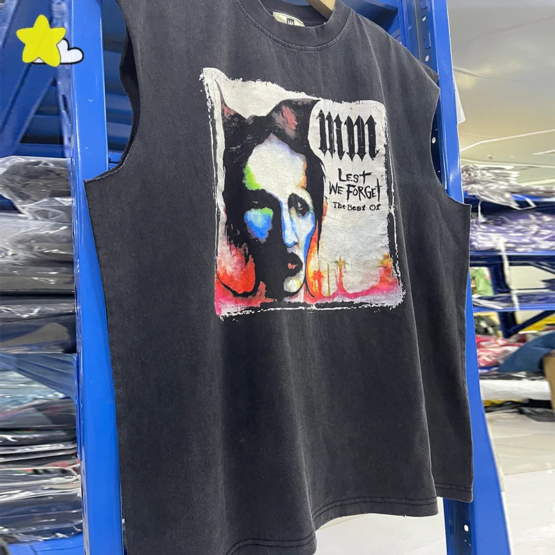 

25SS Oversized Vintage Washed Black Sleeveless T-Shirt Men Women Streetwear Damaged Vest Character Graphics Print Tank Tops