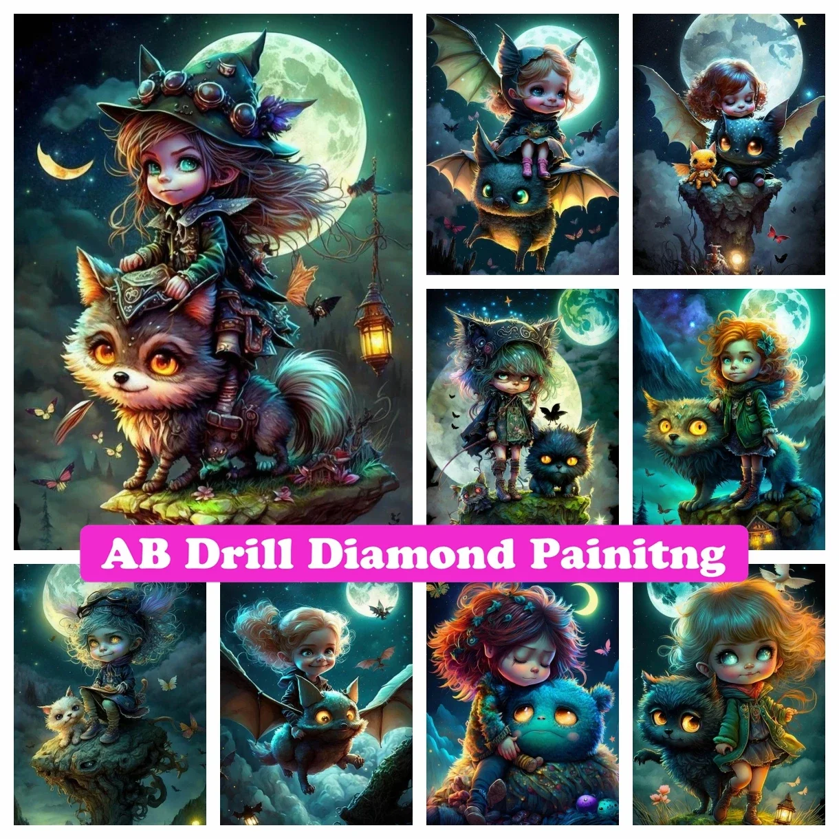 

Cute Elf Cat Girl AB Diamond Painting Cross Stitch DIY Diamond Embroidery Cartoon Witch Mosaic Rhinestones Home Decor Kids Gift