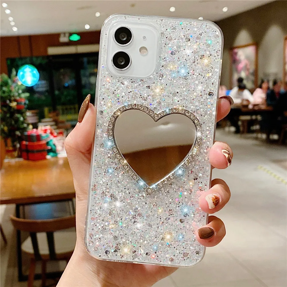 Glitter Custodia morbida per Xiaomi Redmi Note 11 Pro 11S 10 10S 9 9S 10C 11T 11Lite 5G NE POCO X3 Strass Cuore Specchio per il trucco Copertura