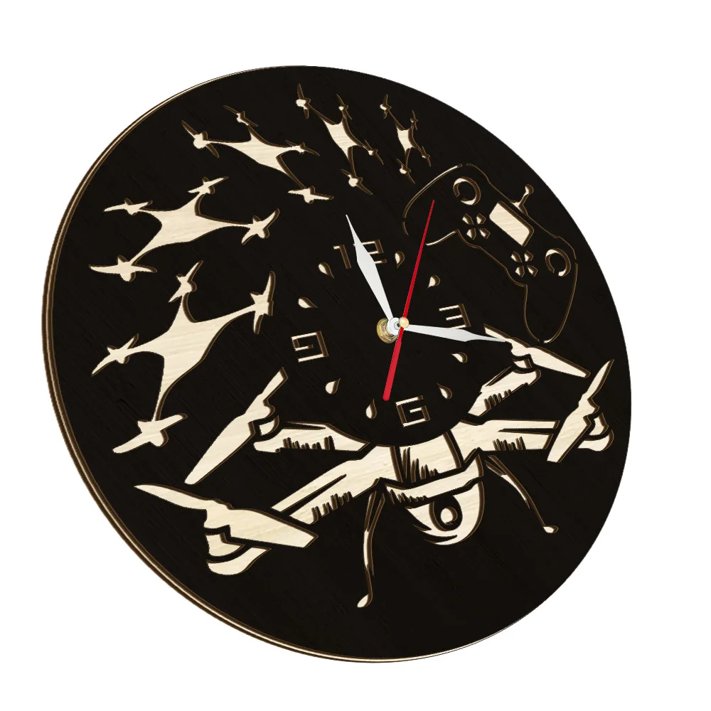 UAV Gamepad Control Wooden Decorative Round Wall Clock High Technology Unmanned Aerial Vehicle Morden Design Watch For Man Cave