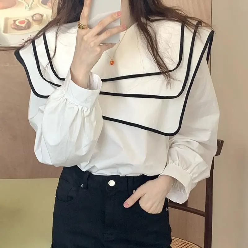 

Femme корейская лоскутная блузка с отложным воротником и длинными рукавами, осенняя простая универсальная свободная рубашка, женская одежда, трендовая футболка