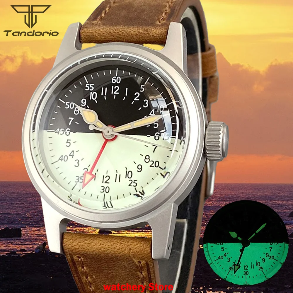 Tandorio 36mm Vintage Military 200M Diving Automatic Watch Men NH34 GMT Green Luminous Black Cream Dial Bubble Sapphire Leather