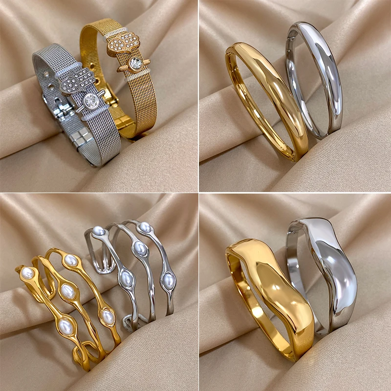 Simple Pearl Rhinestone Stainless Steel Wide Bracelet For Women Men Fashion Zircon Waterproof Couple Wrist Bangle Jewelry Gift #1