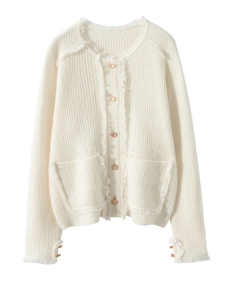 

Meelex Tasseled Women O-Neck Loose Jacket 100% Cashmere Sweater Autumn Winter Knitted Thick Button Cardigan Double Pocket Top
