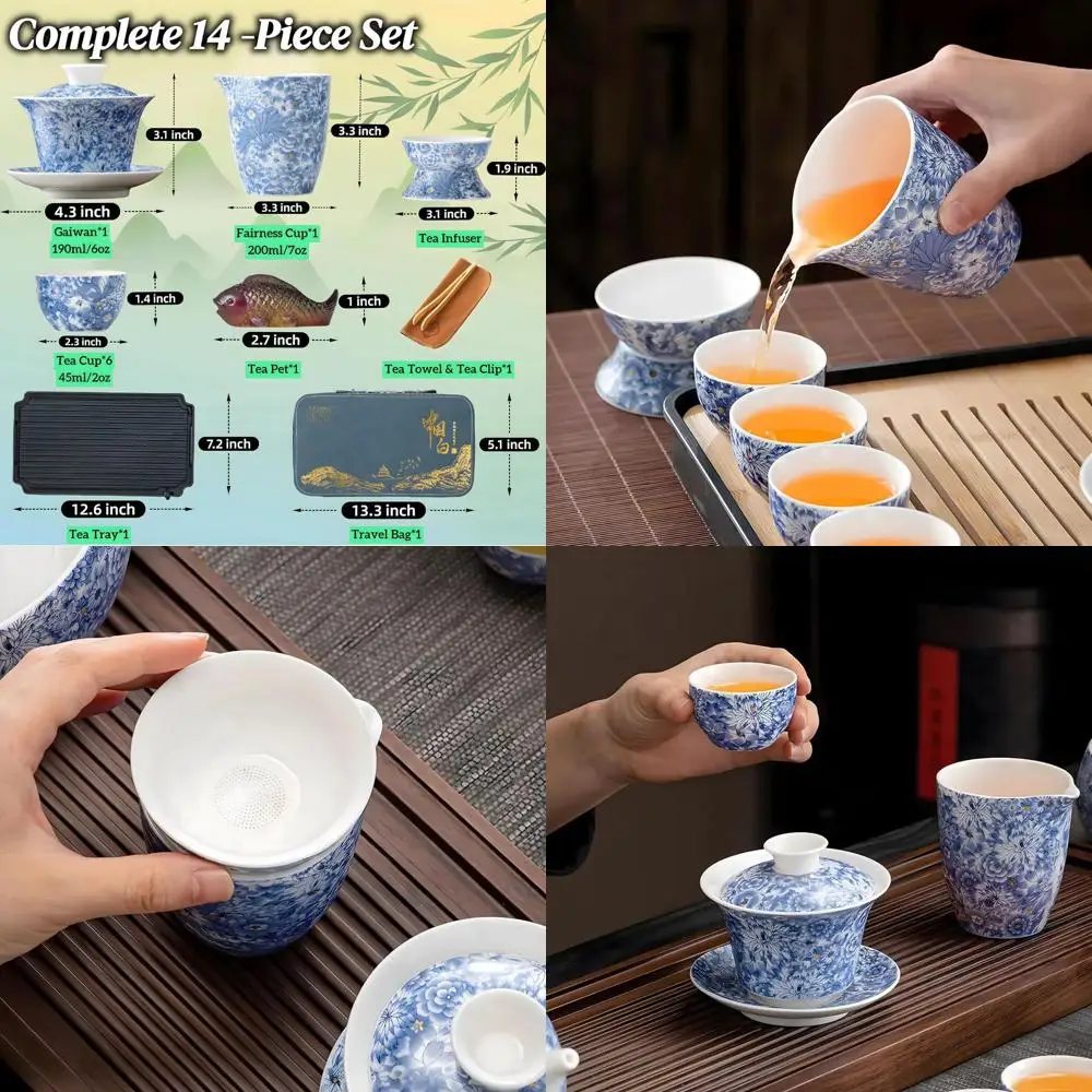 

Adults Gongfu Tea Set, 14-Piece Asian Gaiwan Teaware with Suspended Gaiwan and Tea Pet, Portable Travel Tea Set for Home, Outdoo
