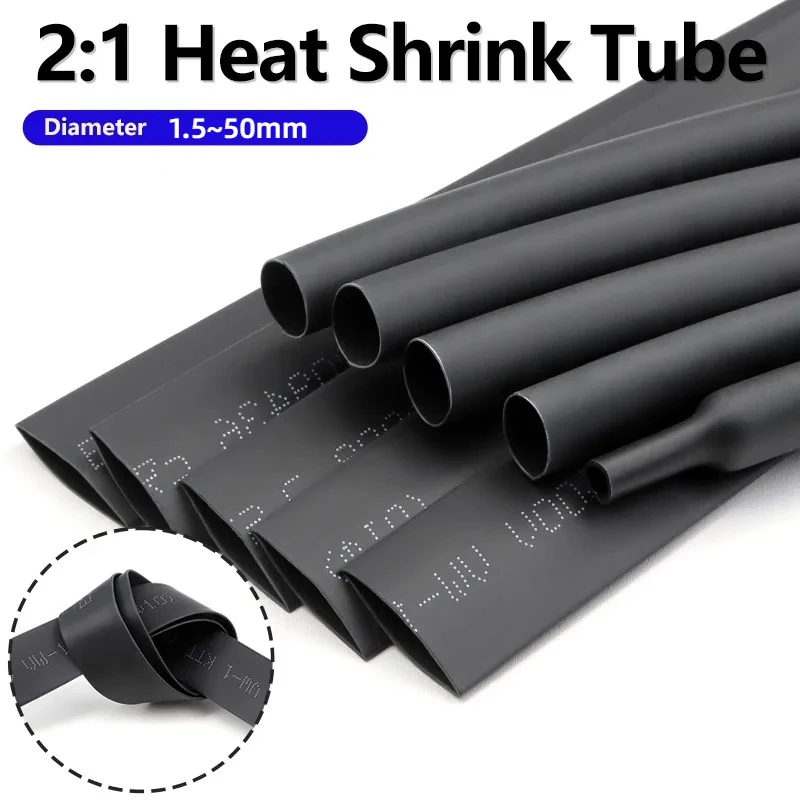1/2/5M Schwarzer 2:1 Schrumpfschlauch Durchmesser 0,6mm~120mm Kabelreparatur-Schutz Polyolefin Isolierter Schrumpfbarer Kabelmantel