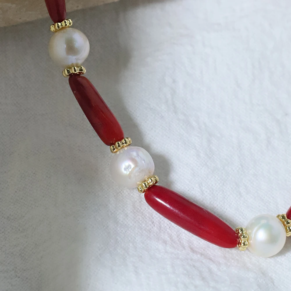Red Coral Pearl Necklace 18K Gold Plated Copper Chain, Natural Jewelry with Freshwater Pearls, Hypoallergenic Gift for Women