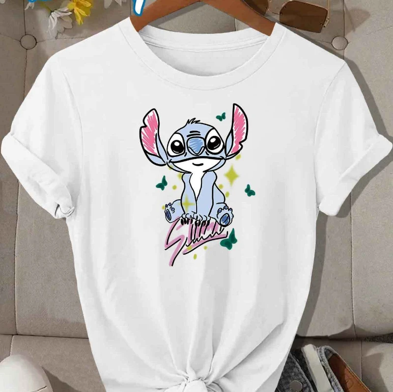 Disney Stitch Pattern Women's T-shirt -2025 New Design Loose Casual Summer Short Sleeve Top with Star and Butterfly Patterns