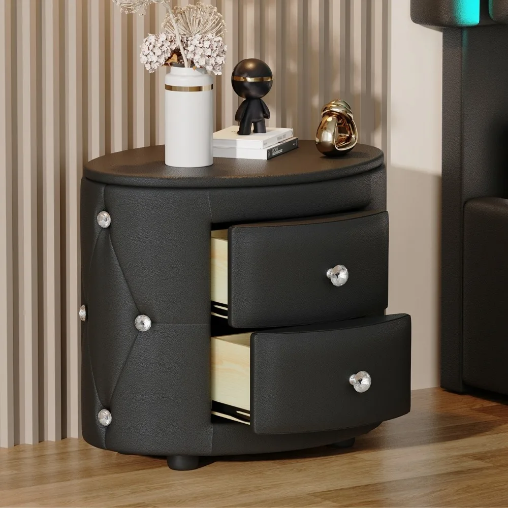 Elegant PU Nightstand with 2 Drawers and Crystal Handle,Fully Assembled Except Legs&Handles,Storage Bedside Table