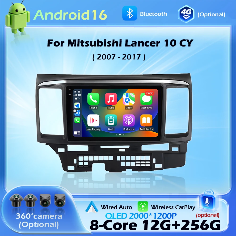 Android 16 Car Radio Multimedia Video Player for Mitsubishi Lancer 10 CY 2007 - 2017 Wireless CarPlay Navigation GPS 4G WIFI BT