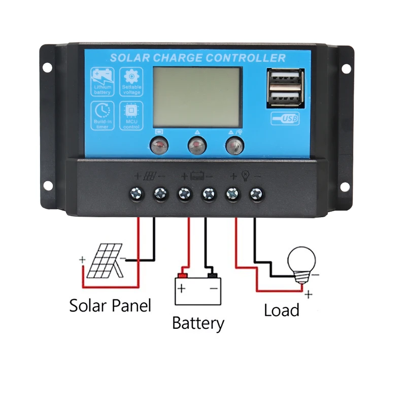 Solar Charger Controller ソーラーパネルキット,ソーラーバッテリー用インテリジェントレギュレーター,デュアルUSBポート,12v/24v,pwm液晶ディスプレイ,2xpvケーブル,20a