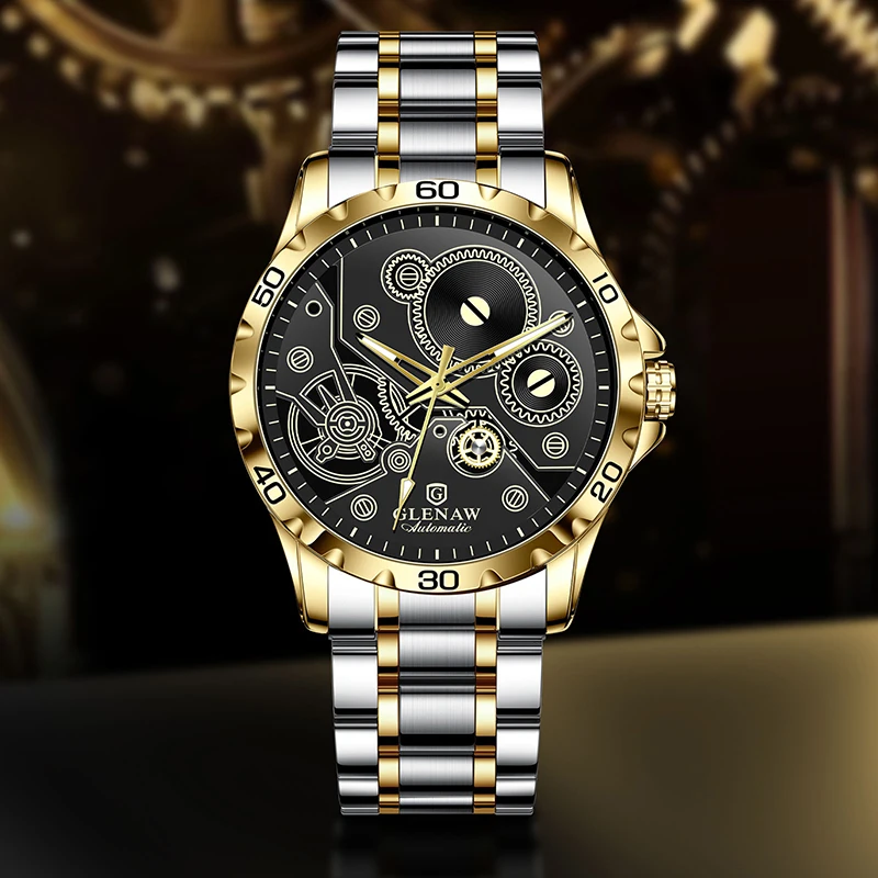 GLEAW stile sportivo completamente automatico meccanico cavo minimalista design aziendale di lusso popolare orologio impermeabile versatile