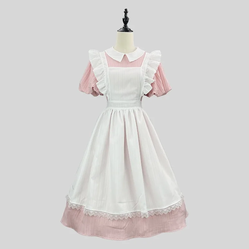 Long Pink White Maid Dress with Peter Pan Collar Ruffle Apron Maxi Skirt Vintage Lolita Style Party Cosplay Costume - view 3