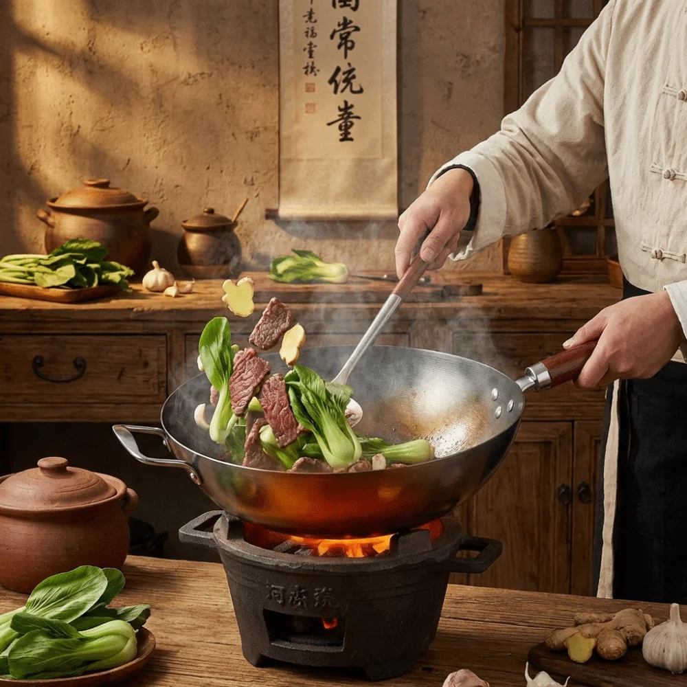 

Чугунная сковорода-вок с деревянной ручкой, традиционная китайская, без покрытия, антипригарная, устойчивая к ржавчине, для жарки и перемешивания