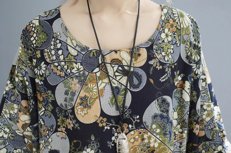 Rok A-Line Panjang Model Batwing Berbahan Katun Linen Motif Cetak untuk Wanita Ukuran Plus, Nyaman dan Bernapas untuk Musim Panas...