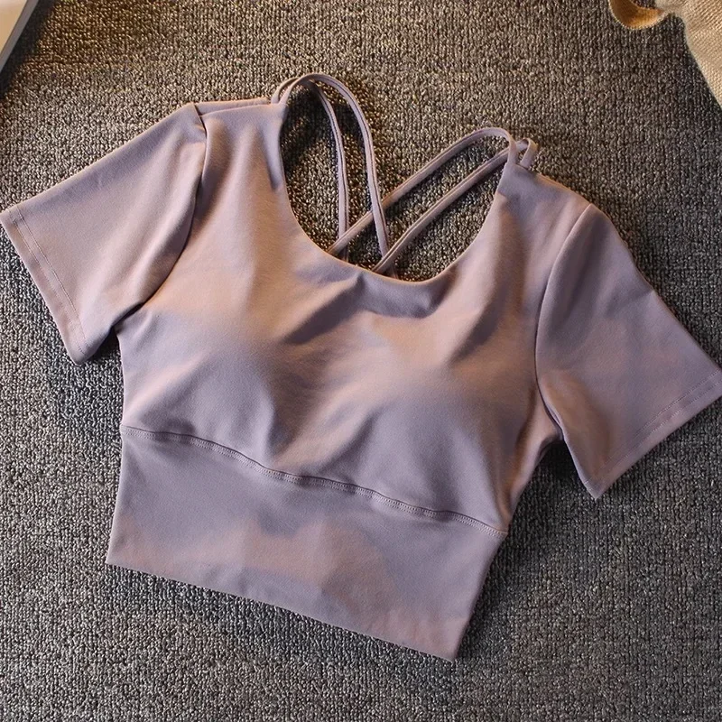 

Sexy Double-Sided Yoga Sports Top Short Sleeves With Chest Pad Women's Autumn Summer Fitness T-Shirt Trendy Cropped Crew Neck