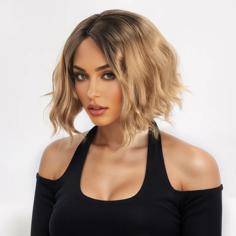 New European and American style women's with dyed gradient top, short curly hair, water wave bobo wig cap