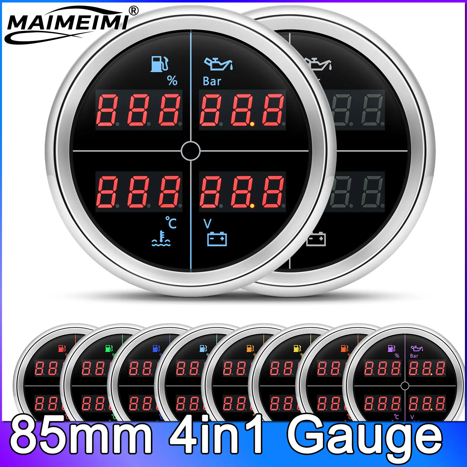 

8 Colors LED 85mm Gauge 4 IN 1 Fuel Level Gauge/Water Temp Meter/Oil Pressure/Voltage+ 0-190 ohm Fuel Level 10 Bar Oil Press