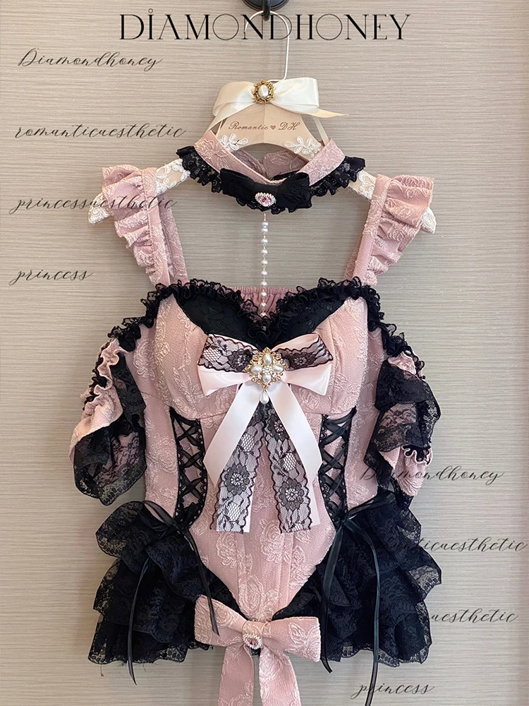 2024 New Spring Summer Ladies Exquisite Lace Skirt Suit Lolita Sweet Womens Black Pink Bow Tube Top Sling Short Cake Skirt Set