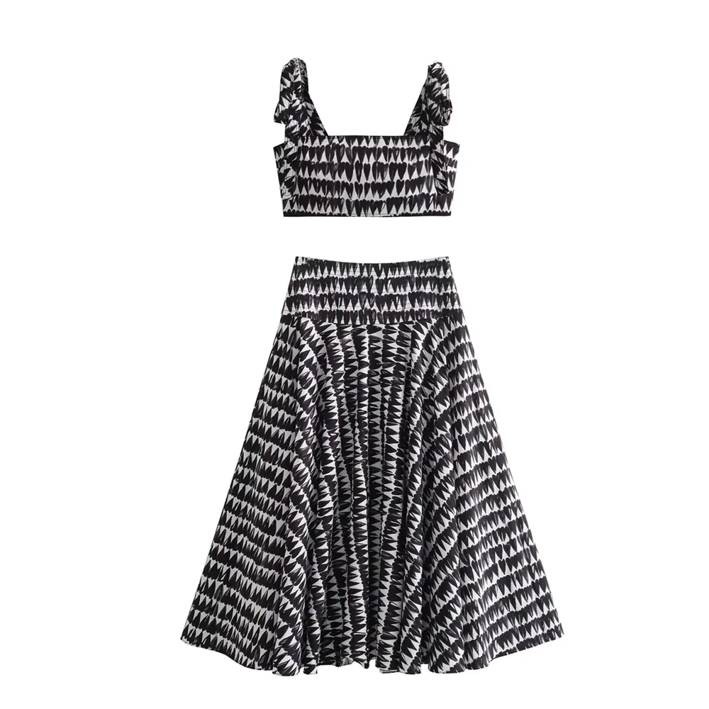 PB&ZA 2024 Spring New Women\'s Fashion and Style Slim Fit Versatile Printed Suspended Top Low Waist Skirt Set