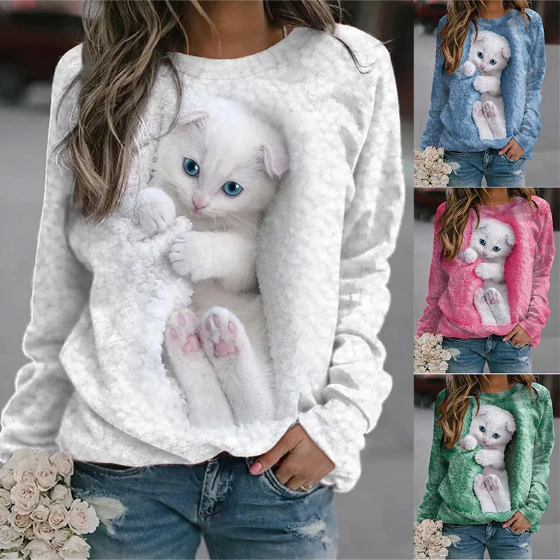 Damesmode Hoodies Sweatshirts Kat Print Sweatshirt Truien Zachte Comfortabele Lange Mouw O Hals Crop Top Casual Streetwear