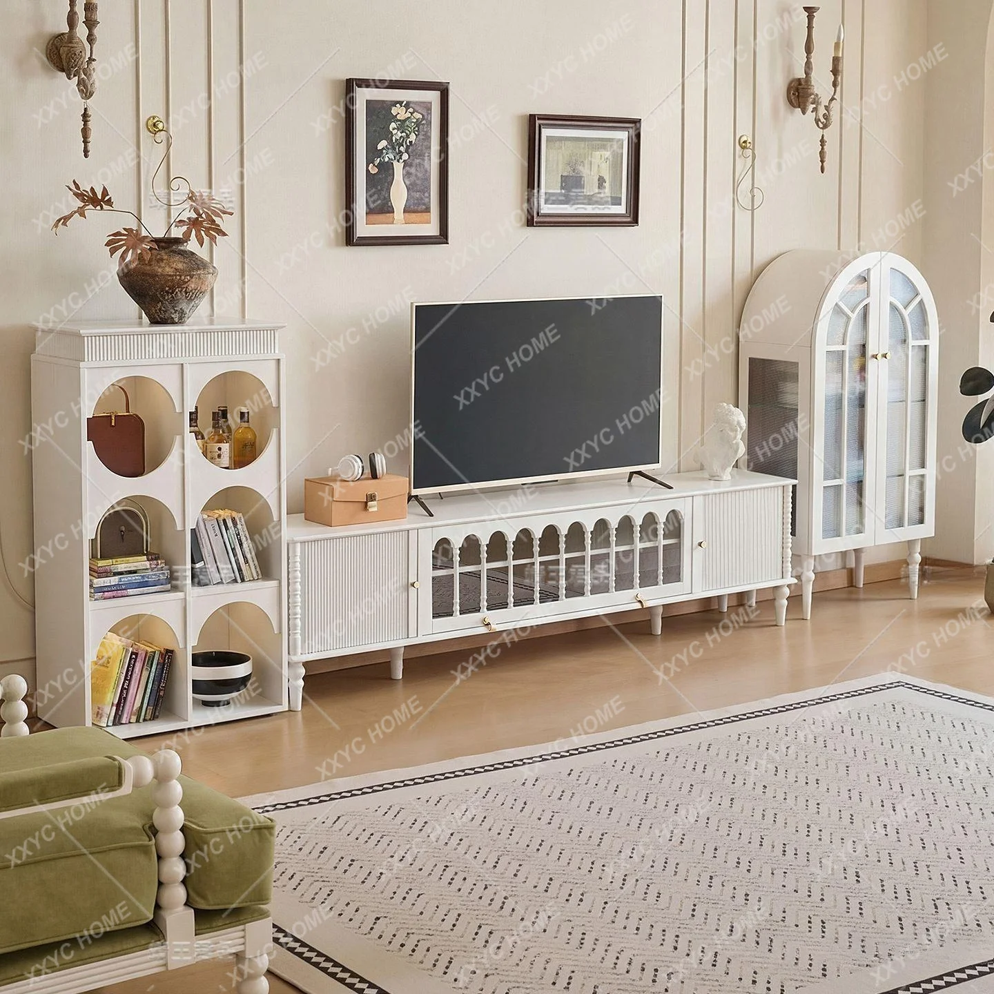 Household living room solid wood cream wind TV cabinet coffee table combination light luxury retro white