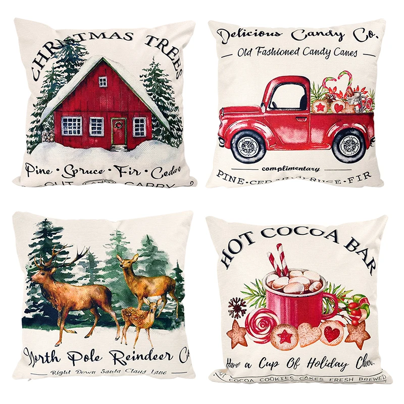 45*45cm Merry Christmas Cushion Cover Cartoon Elk Santa Linen Pillow Case Decorations For Home Ornament Happy New Year 2024 Noel