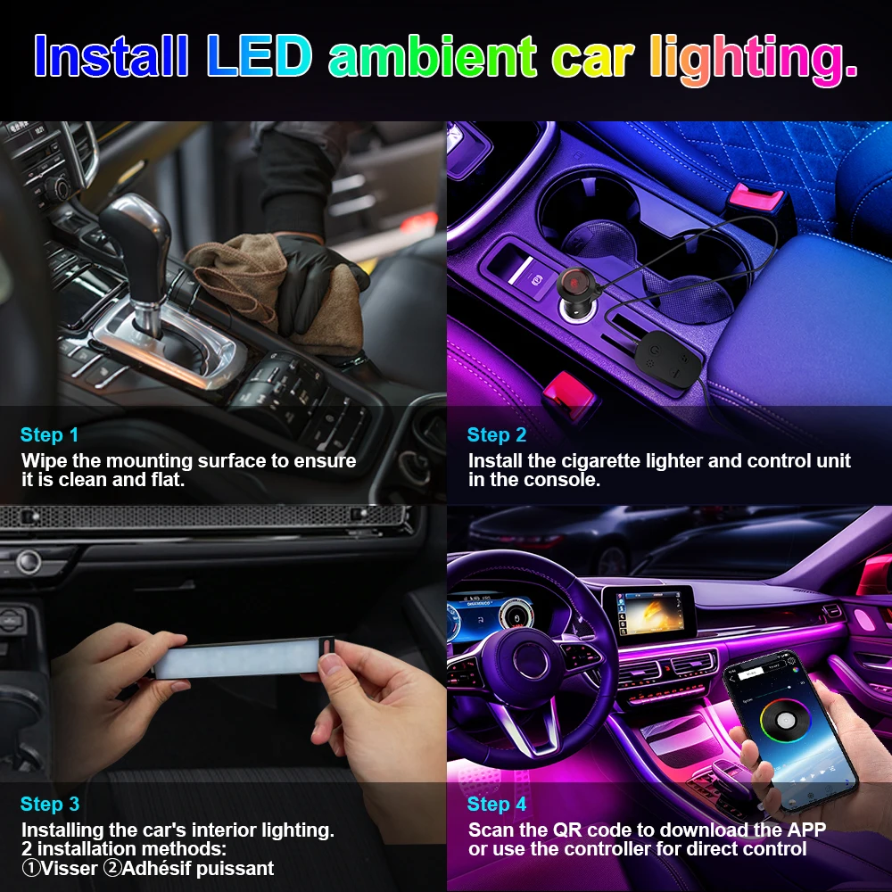 Car Ambient Light RGB Backlight Neon LED Lamp Foot Strip APP 3 Key Control Atmosphere Auto Decorative Led Interior Car Lights