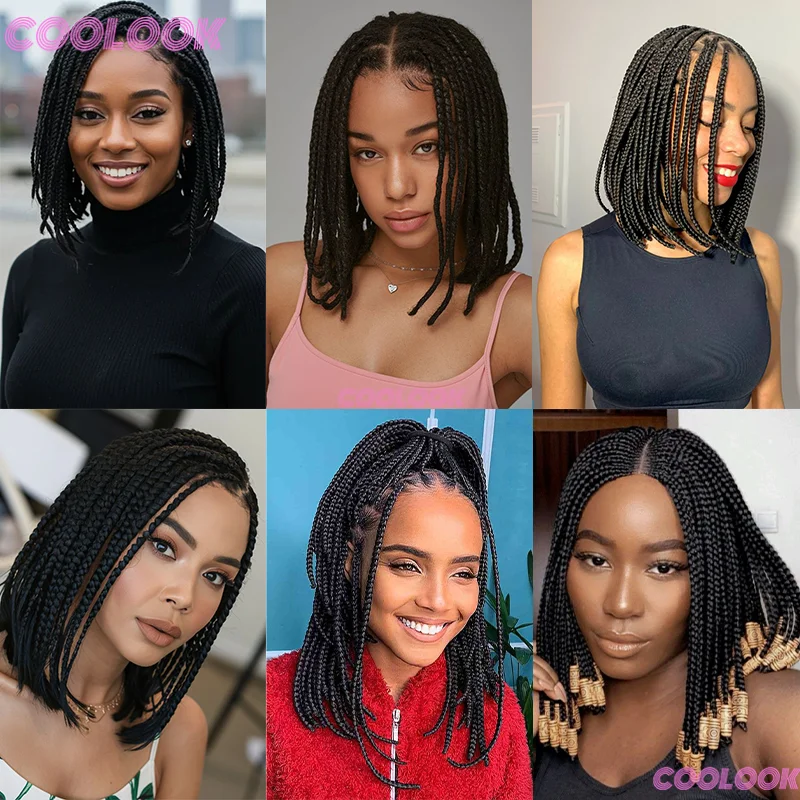 Wig Kepang Pendek 12 inci untuk Wanita, Wig Sintetis, Kepang Renda 6*6, Wig Afrika, Kepang Cornrow Mikro, Wig Hitam