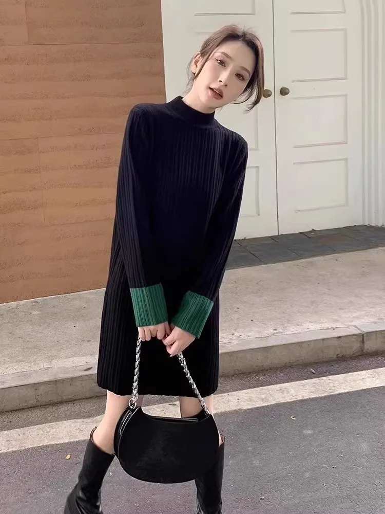 基本的な着用冬服女性ハーフタートルネック暖かいニットウェア春秋の女性のセーターミドルロングドレスプルオーバージャンパー