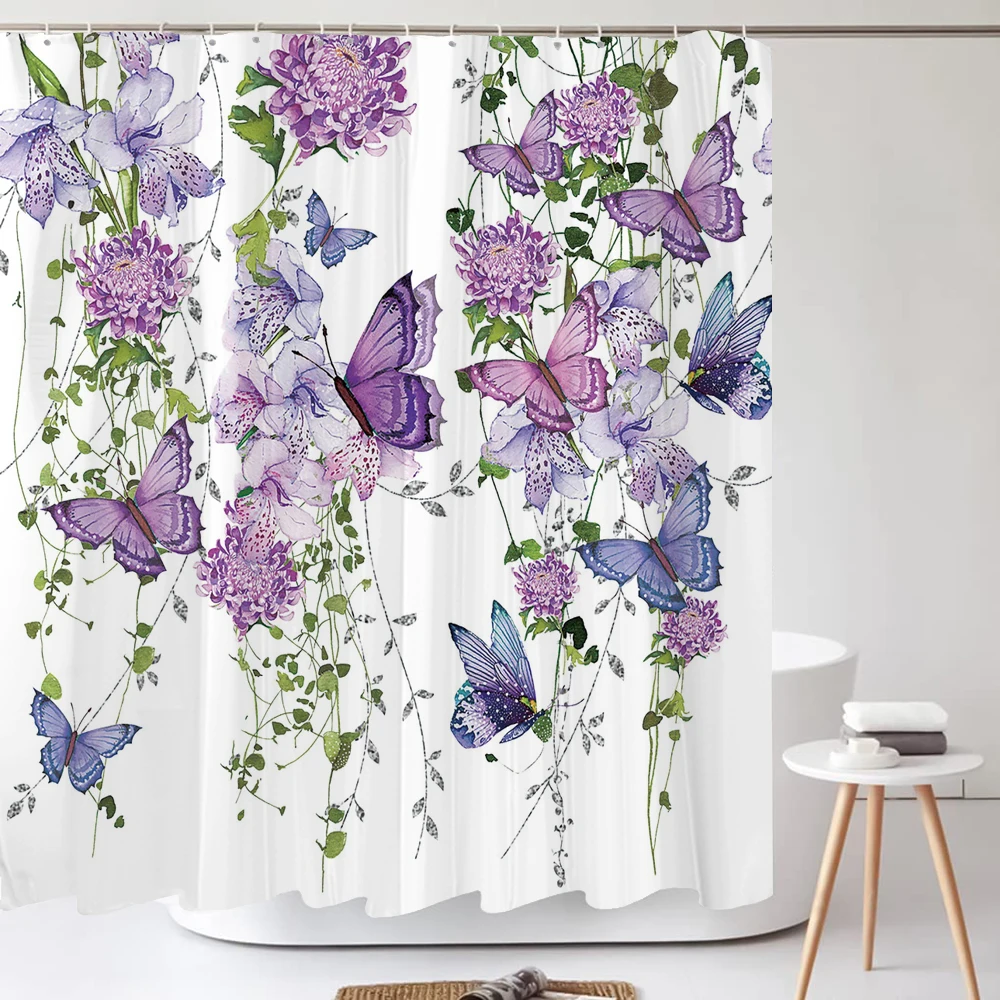 Purple Flower Butterfly Printed Waterproof Bathroom Shower Curtain Set Non-Slip Bath Mat Rug Sets Toilet Cover Bathroom Decor