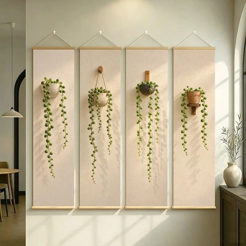 Trailing Plant Wall Art 4-Panel Green Vine Pot Hanging Scroll Set on Beige Silver Shimmer Canvas for Airy Sunroom Home Decor