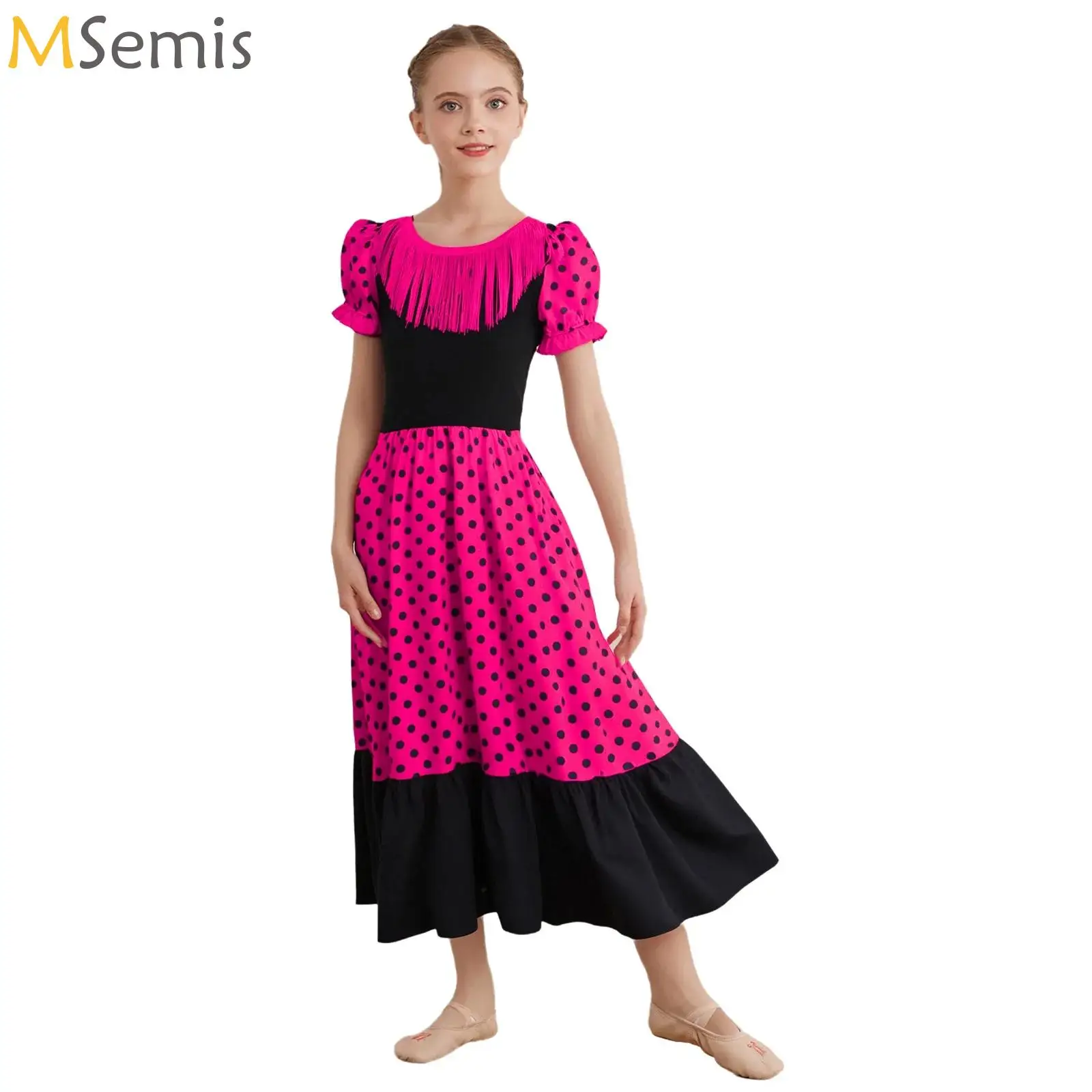 

Traditional Spanish Dance Dress For Girls Festival Tassel Dot Dress Color Block Classic Flamengo Gypsy Style Children Skirt