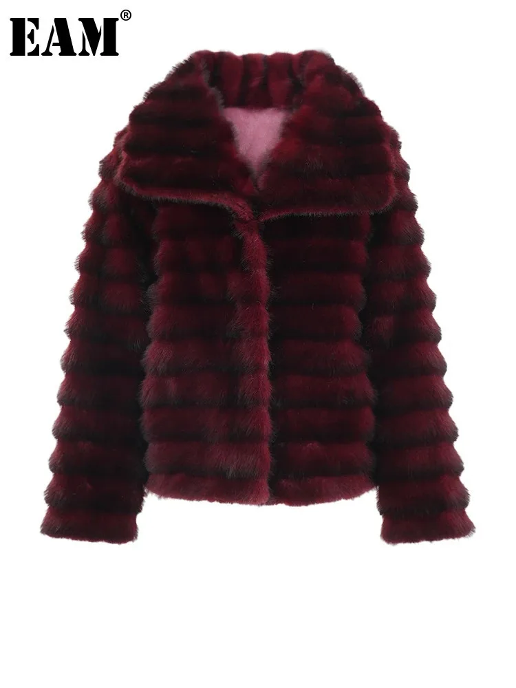 [EAM] Wine Red Big Size Keep Warm Faux Fur Jacket New Lapel Long Sleeve Women Coat Fashion Tide Autumn Winter 2024 CPG2354