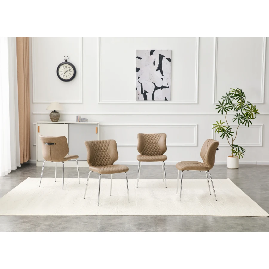 Dining Chairs Set of 4, Khaki PU Leather Dining Chairs with Electroplated Metal Legs, Adjustable Non-Slip Foot Pads, Diamond-Tu