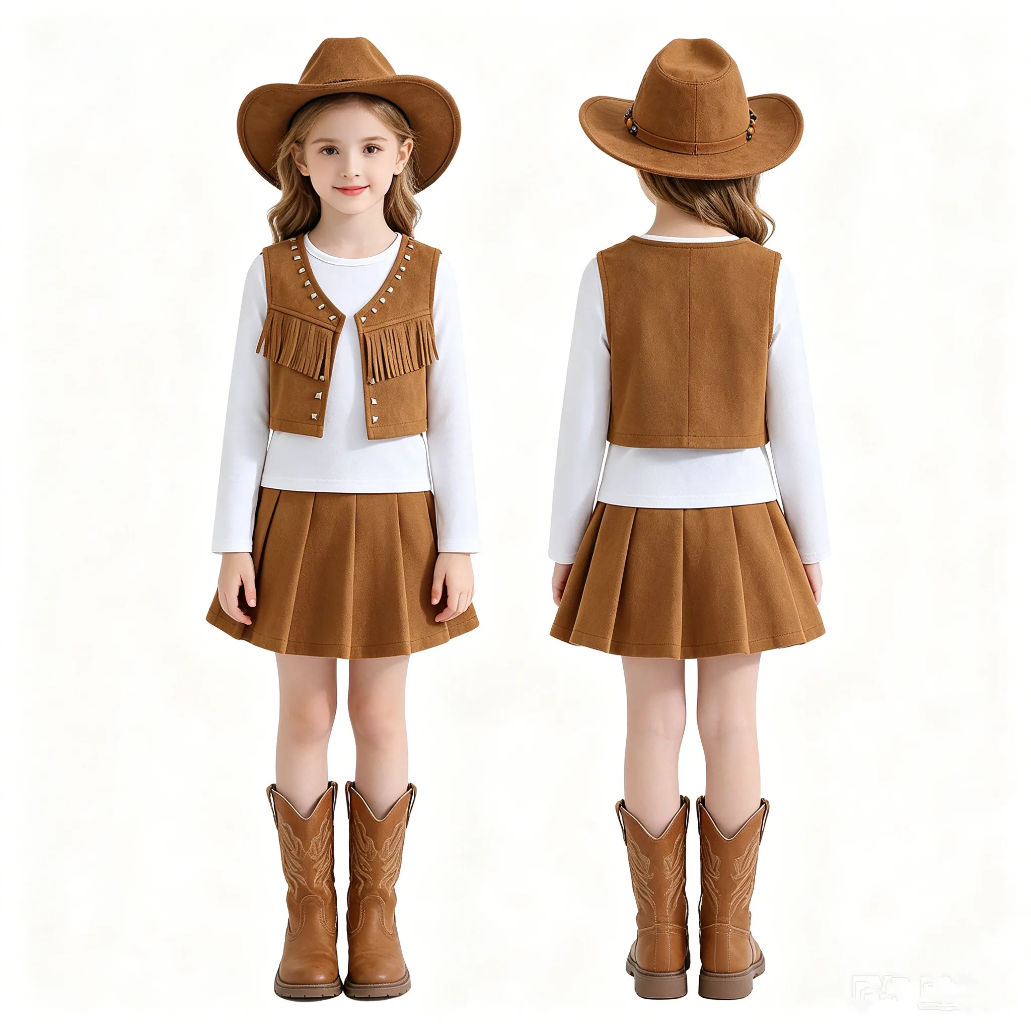 Kid Girls Halloween Theme Party Western Cowgirl Costume Suede T-shirt with Rivet Fringe Vest Pleated Skirt Streetwear Daily Wear