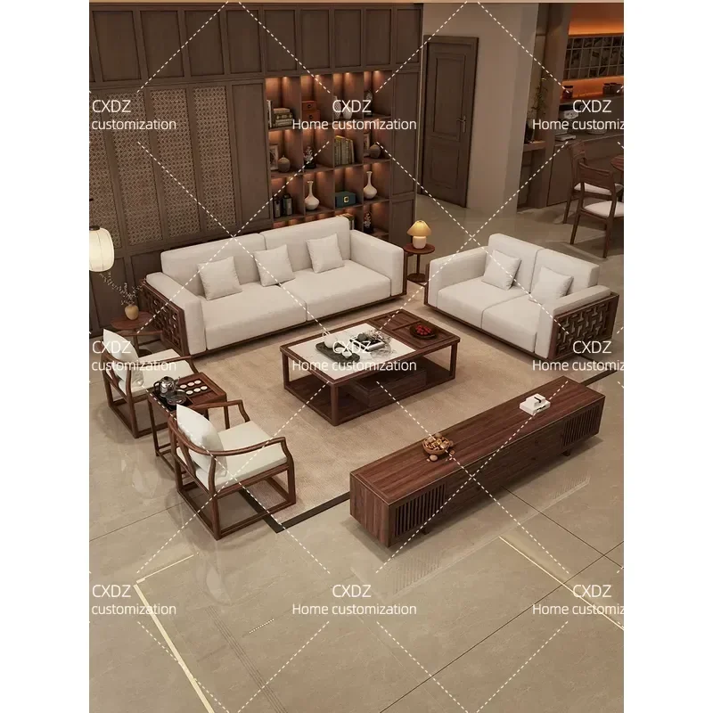 New Chinese Style North American Black Walnut Solid Wood Sofa Living Room Straight Row National Style Zen Paper Pattern Song