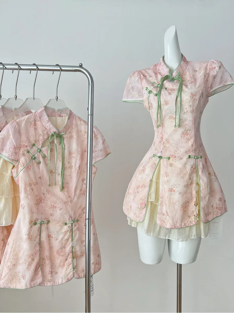 

New Chinese Sle Spicy Girl Set Women Summer High Waist Slimming Base Layer f Skirt Floral Print Flng Sve Top