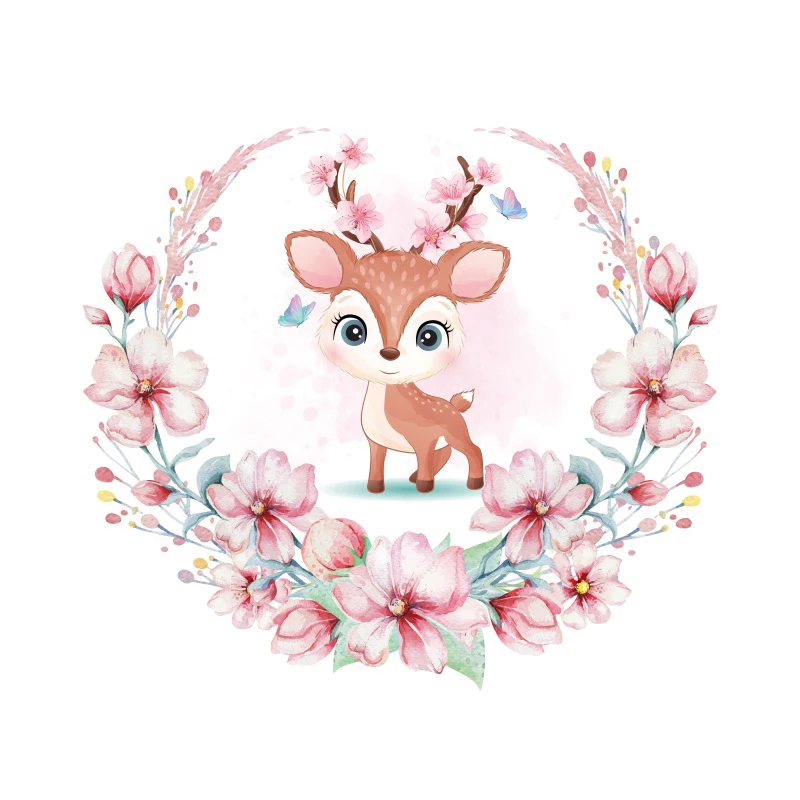 Round Photography Background Sweet Deer Pink Floral Girls 1st Birthday Party Decoration Watercolor Animal Photo Backdrop Booth