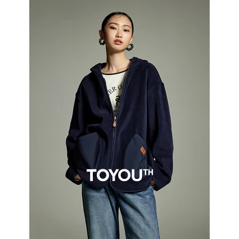 Toyouth 女性両面ベルベットジャケット 2024 冬長袖ルーズ厚いフード付きコートパッチワークポケットカジュアル多用途トップス