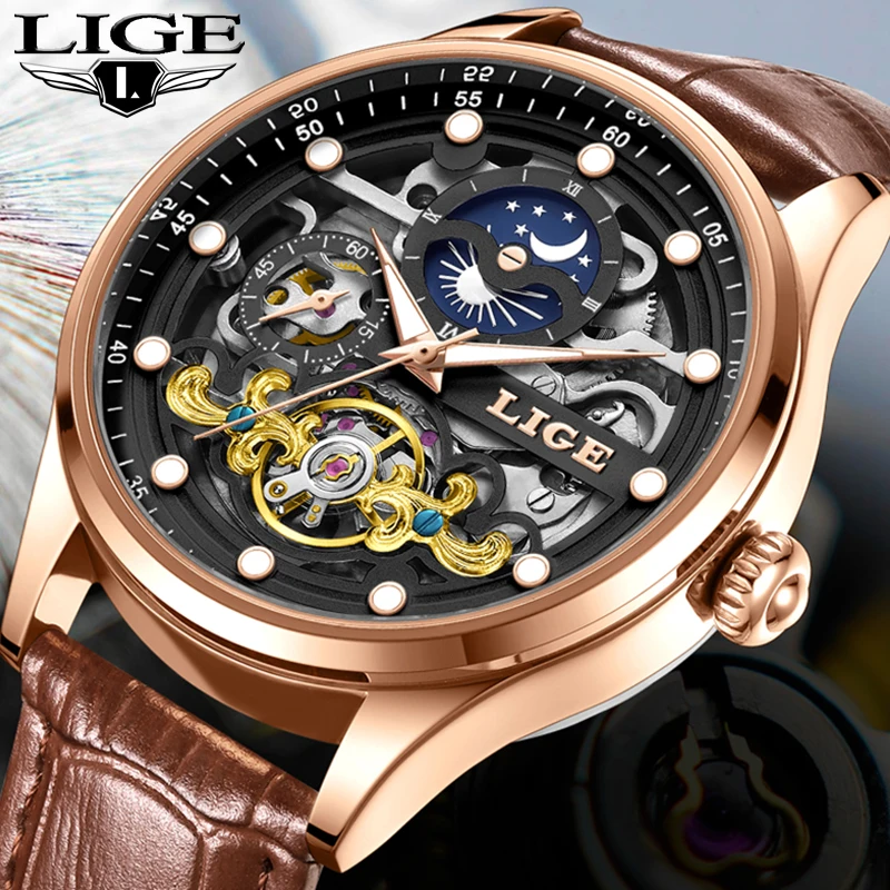

LIGE Automatic Watch For Men Fashion Leather Hollow Men's Mechanical Wristwatches Top Brand Luxury Waterproof Luminous Watch Men