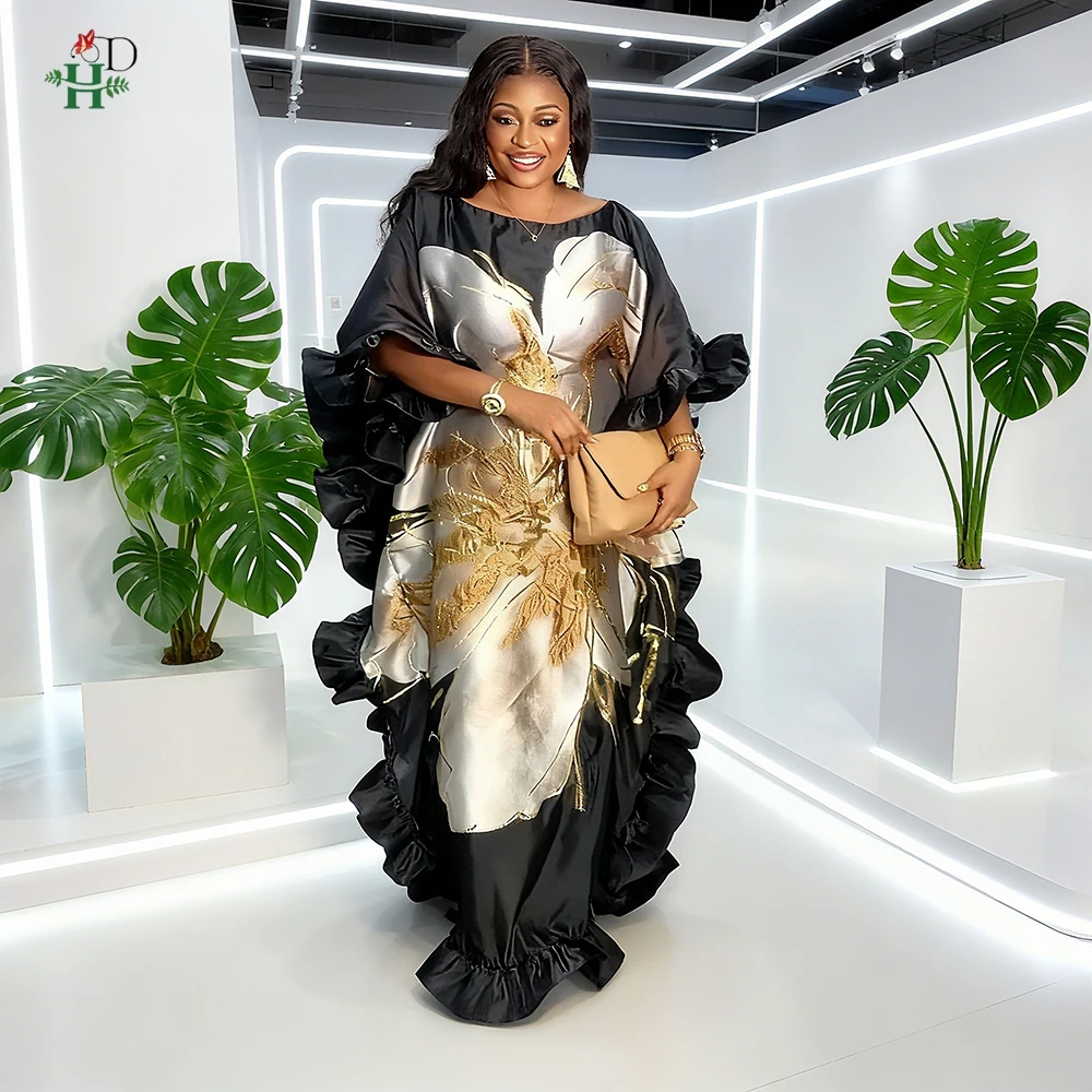 

Plus Size African Clothes Women's Robe Gold Embellishments Ruffled Trim Bubu Gown BouBou Djellaba For Wedding Party Gatherings