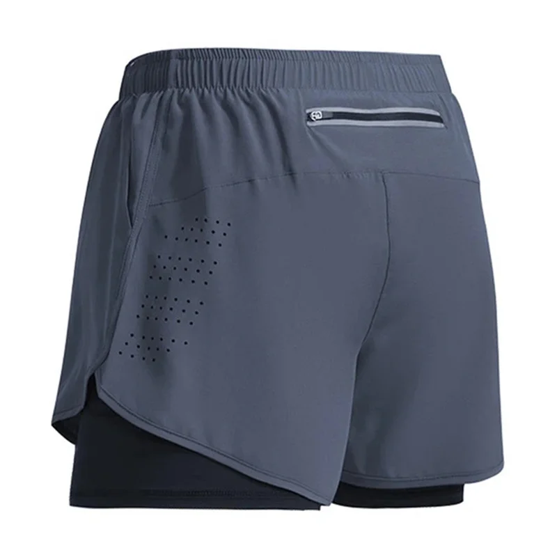 Calções masculinos esportivos de deck duplo, bottoms de praia, ginástica, treino, jogging, corrida, calças curtas, roupas esportivas 2 em 1, novo para verão