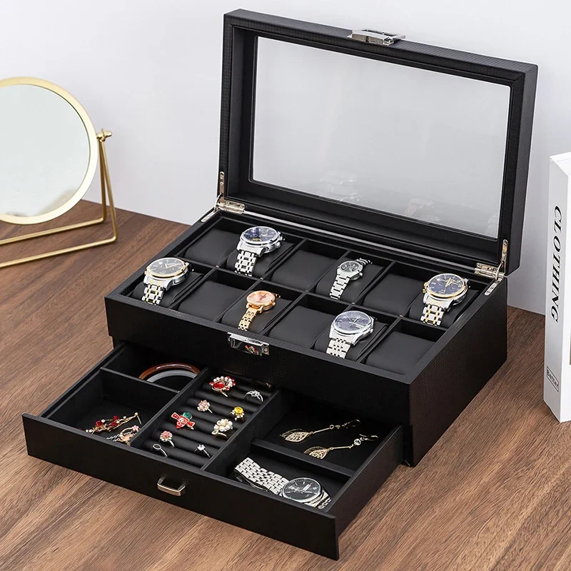 Black Leather Watch Box 12 Slots Jewelry Organizer Storage Boxes Luxury Watches Display Collection Box Bracelet Ring Holder Gift