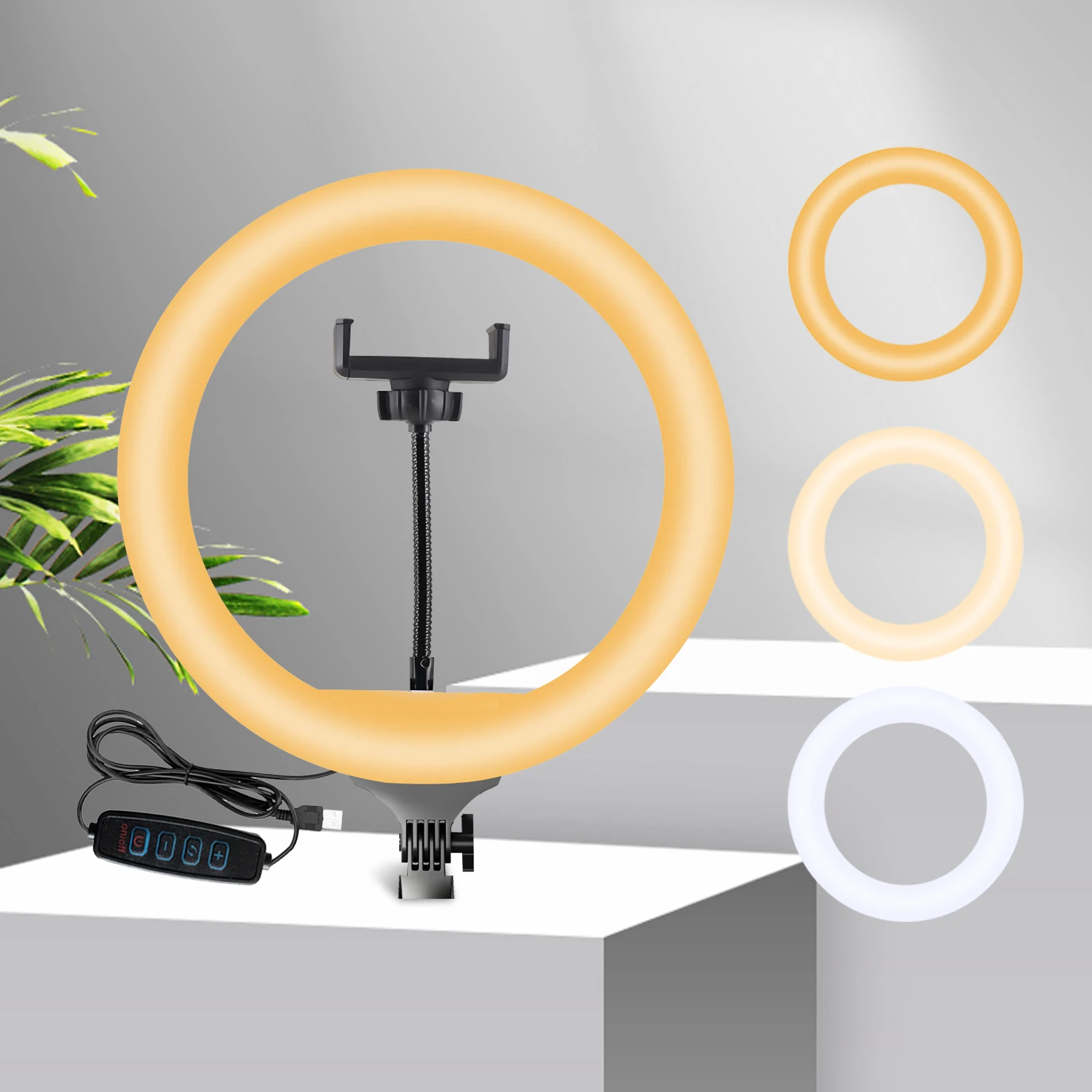 

10-дюймовый трехцветный светодиодный кольцевой светильник с регулируемой яркостью, с ручкой и проводным управлением — регулируемый теплый/холодный/дневной свет