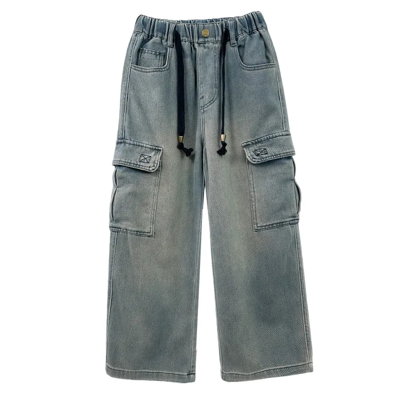 Teen Boys Straight Leg Cargo Jeans New Spring/Autumn Kids Wide Leg Denim Long Pants for Children Loose Pockets Trousers 5 14 Yrs